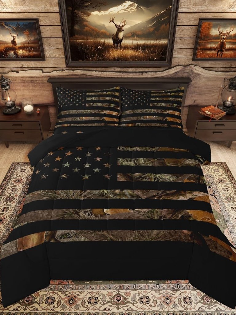 American Flag Camo Comforter Set Queen,Military Hunting Bedding Set Rustic Trees